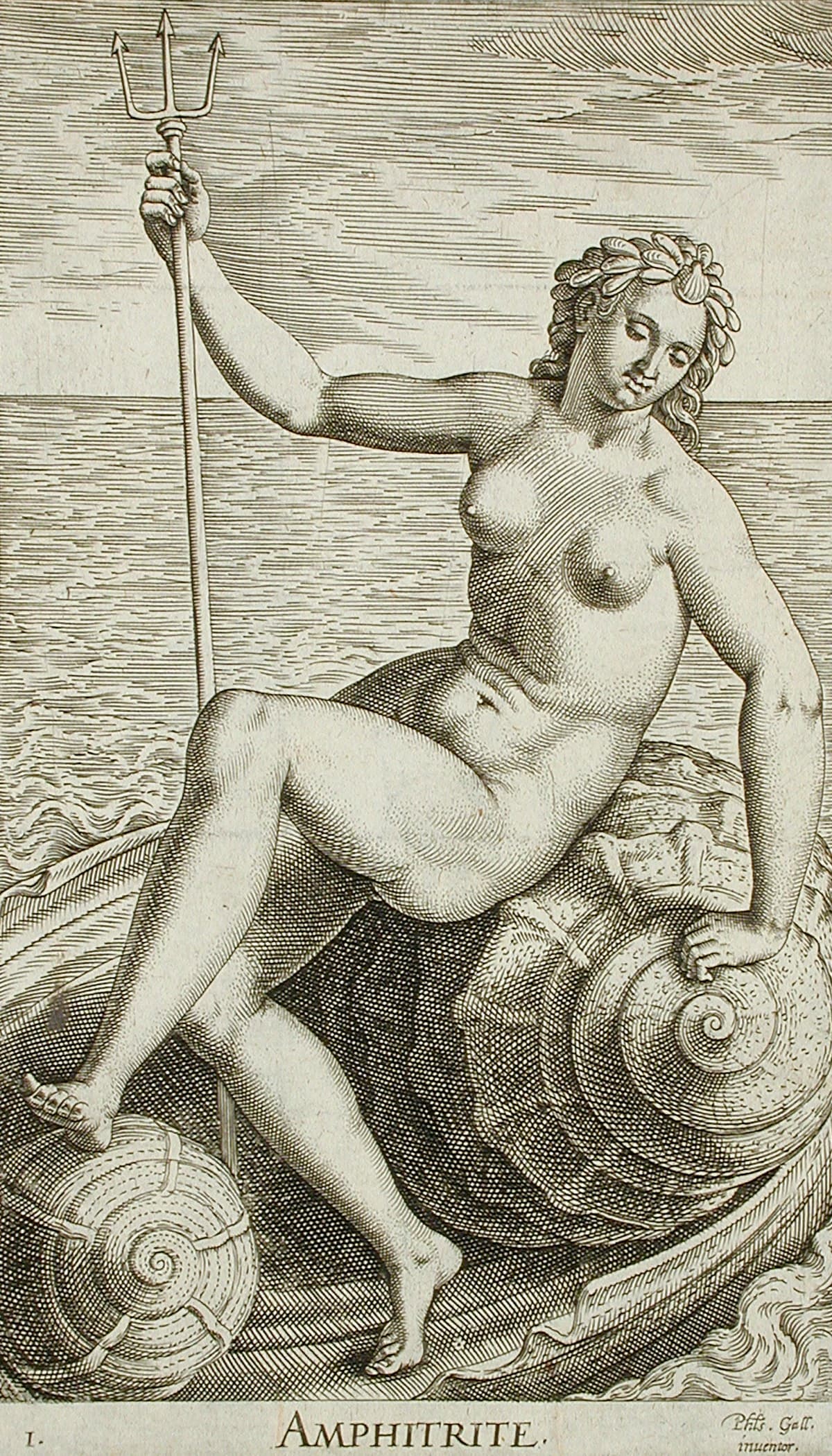 A sixteenth-century engraving of Amphitrite, queen of the sea, from a set of prints of the sea gods.