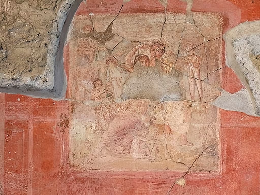 A Roman wall painting from the House of the Greek Epigrams at Pompeii, showing Venus at her toilette with Mars beside her.