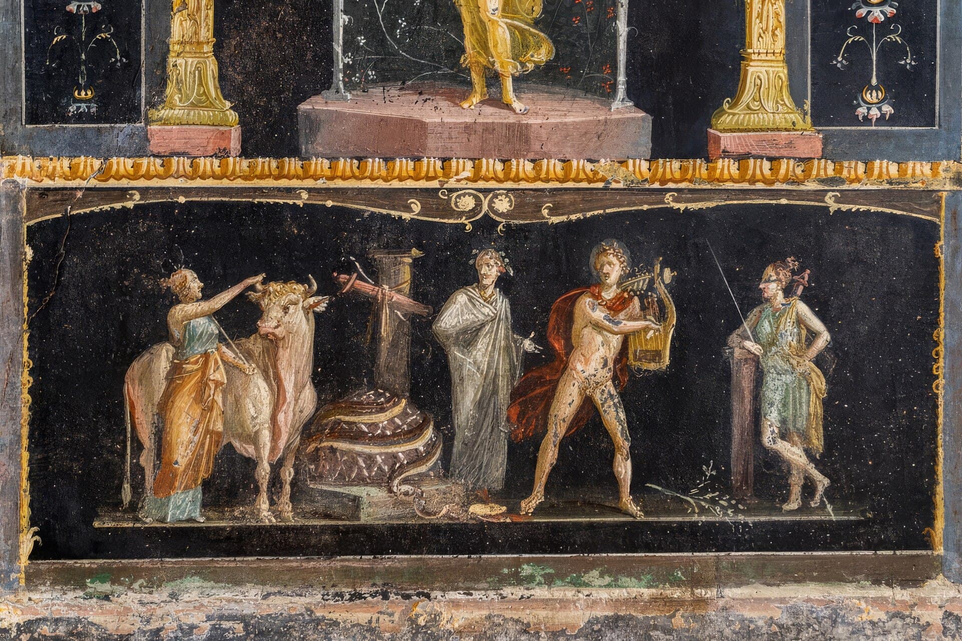 A detail from the east wall of a room in the House of the Vettii at Pompeii, from the painting of Apollo and Diana after the killing of the Python.