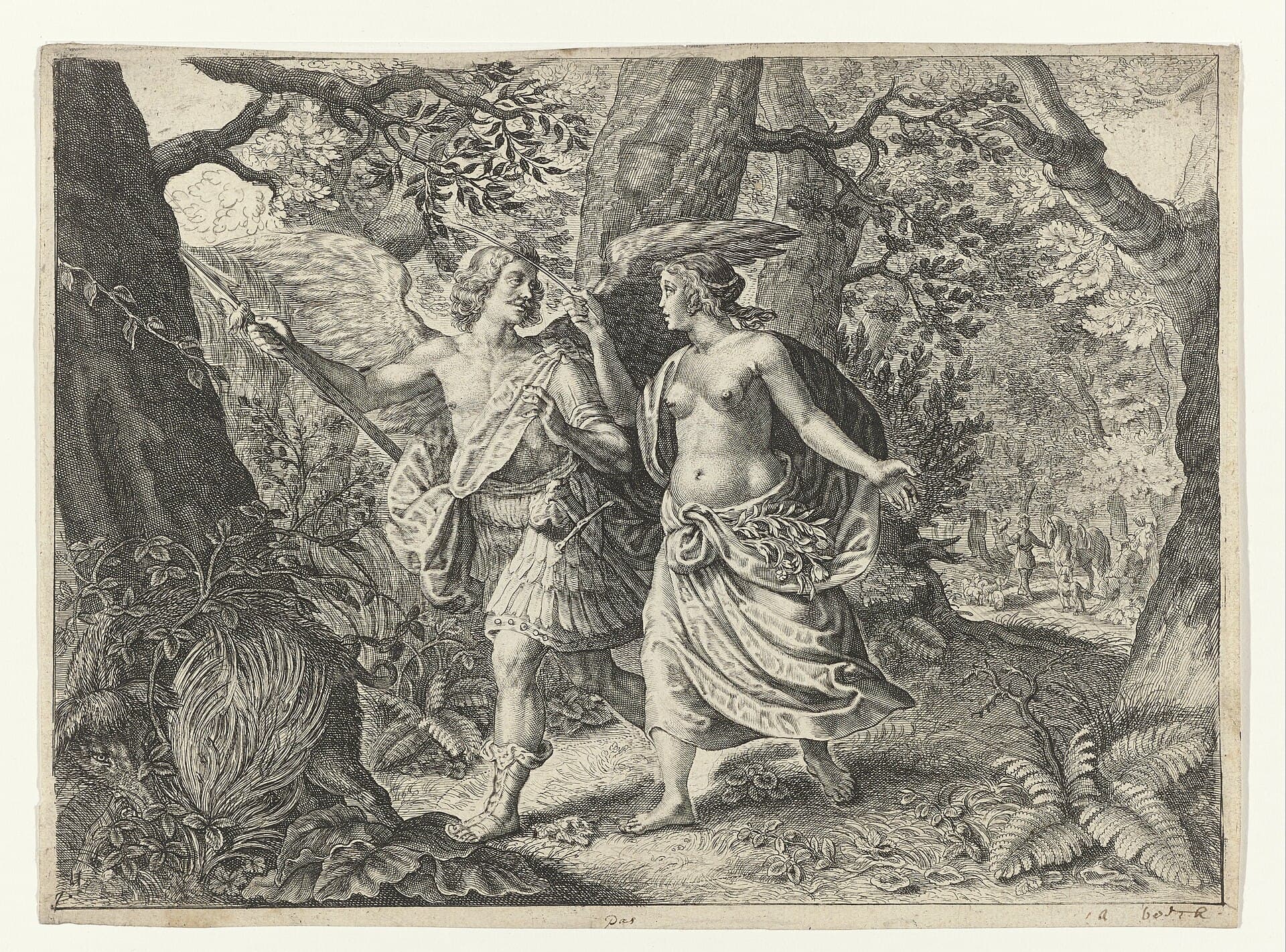 A seventeenth-century Dutch etching illustrating Ovid's Metamorphoses: Circe transforming Picus into a woodpecker.