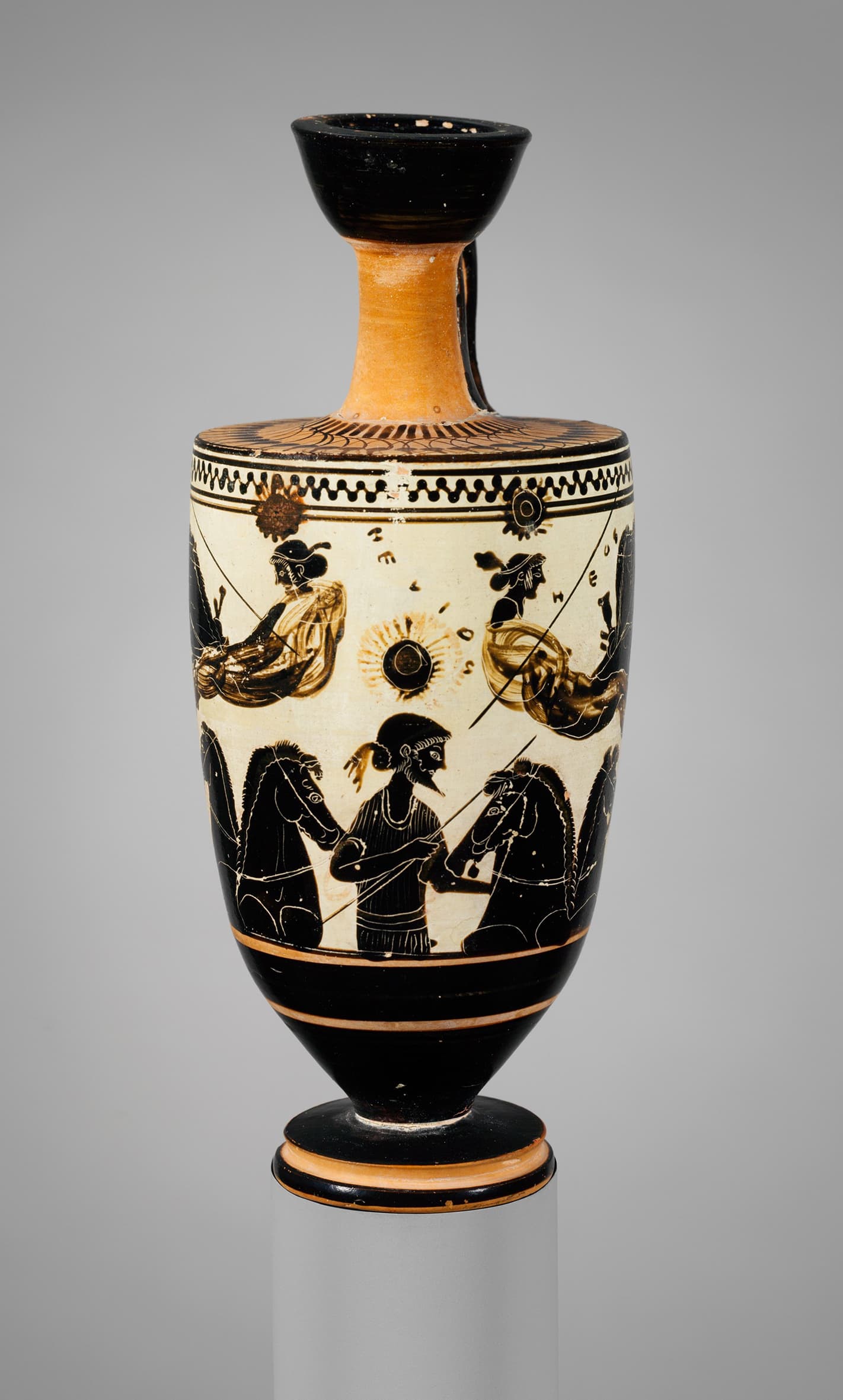 A white-ground lekythos attributed to the Sappho Painter, about 500 BCE, showing Helios with Nyx and Eos.