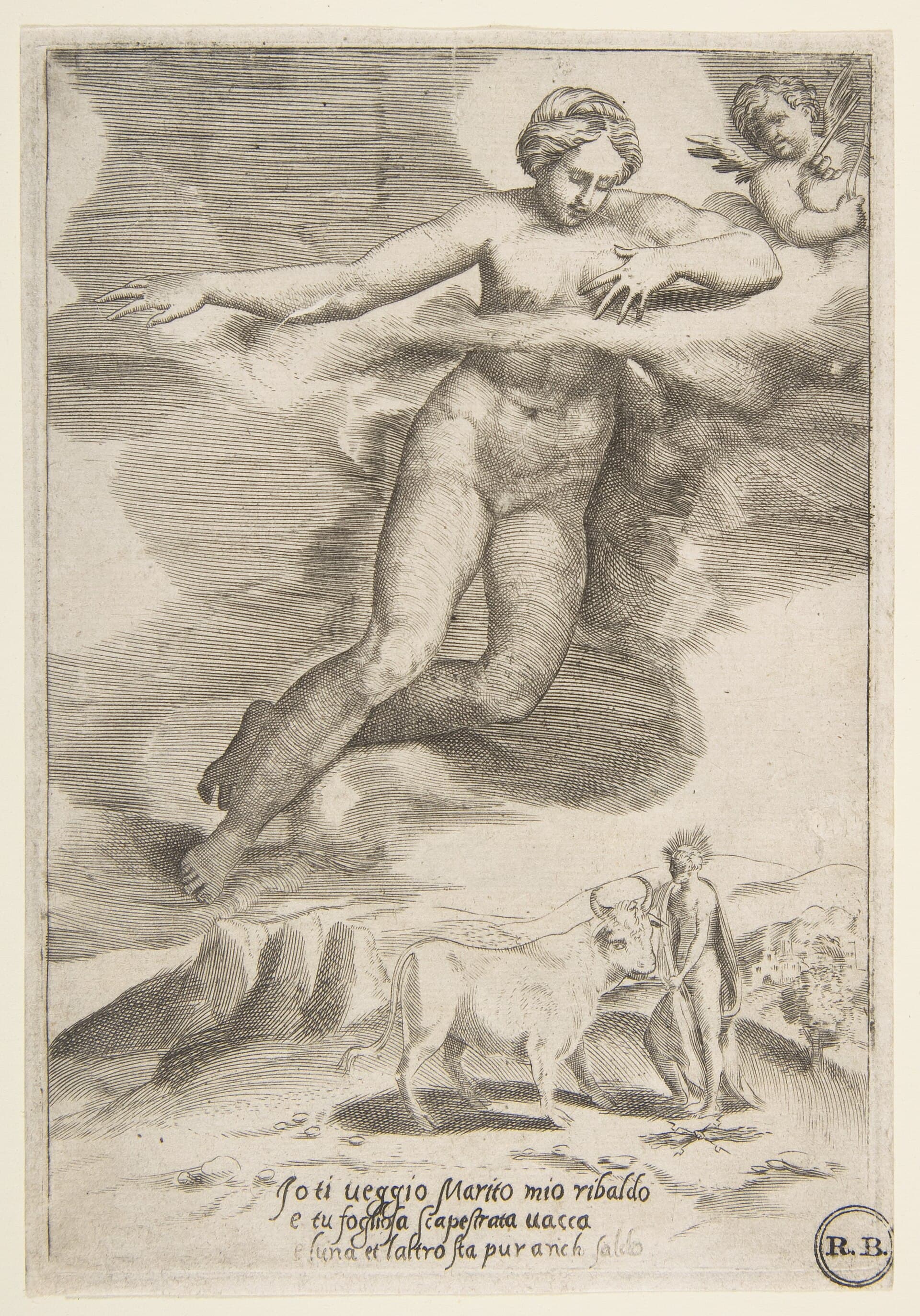 Giulio Bonasone's sixteenth-century engraving of Juno watching Jupiter and Io, from the series 'The Loves of the Gods'.