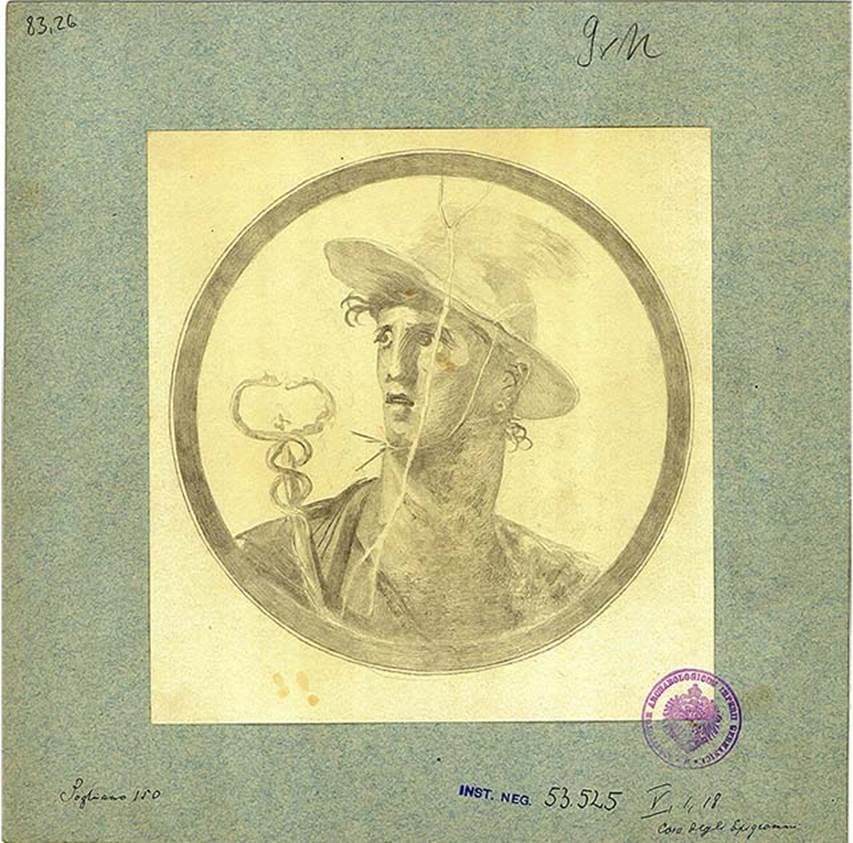 An 1877 record drawing of a painted medallion from the atrium of the House of the Greek Epigrams at Pompeii, showing Hermes with his travelling hat and herald's staff.