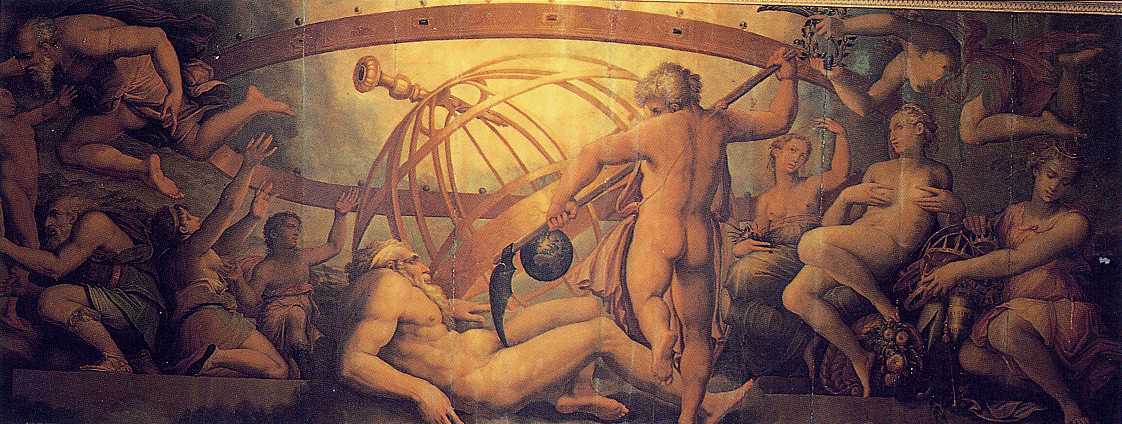 A sixteenth-century depiction of the mutilation of Ouranos by Kronos — the act the whole succession follows from.