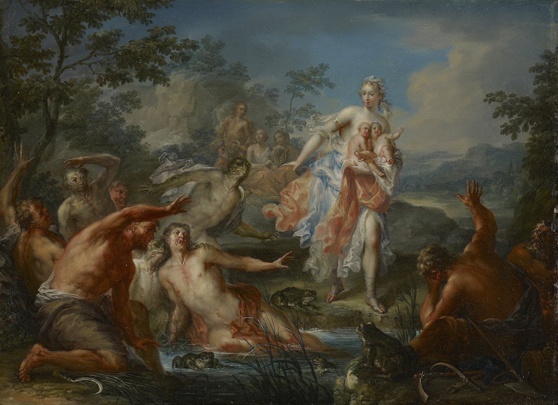 Johann Georg Platzer's 1730 painting of Latona — Leto — turning the Lycian peasants into frogs for refusing her water.