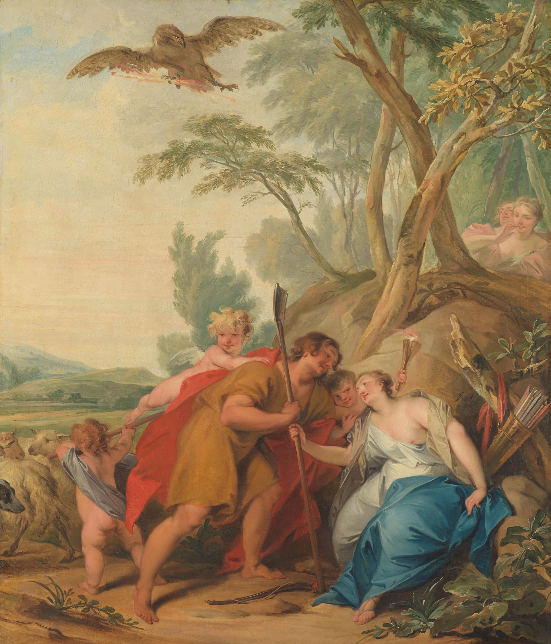 A 1727 painting of Jupiter, disguised as a shepherd, seducing Mnemosyne, the goddess of memory.