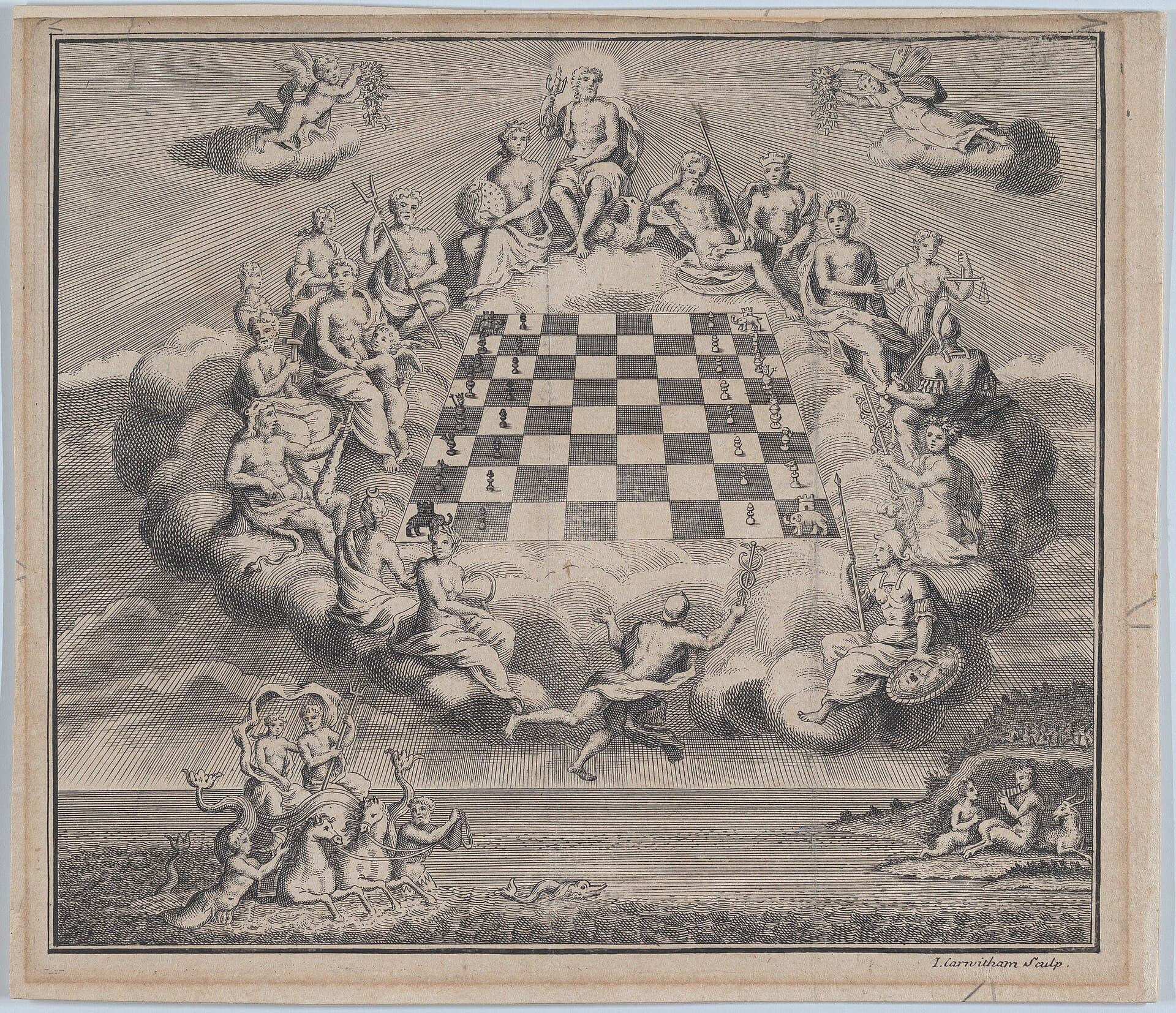 An eighteenth-century print of the gods of Olympos gathered around a chess board, with Poseidon and Pan below them.