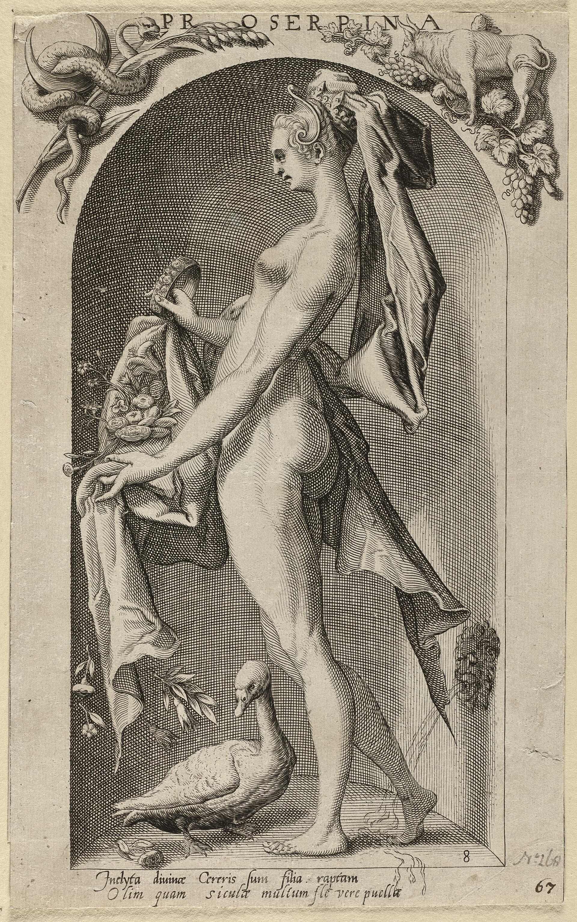 A 1598 Dutch engraving of Proserpina, the Roman Persephone, from a printed series of the gods.