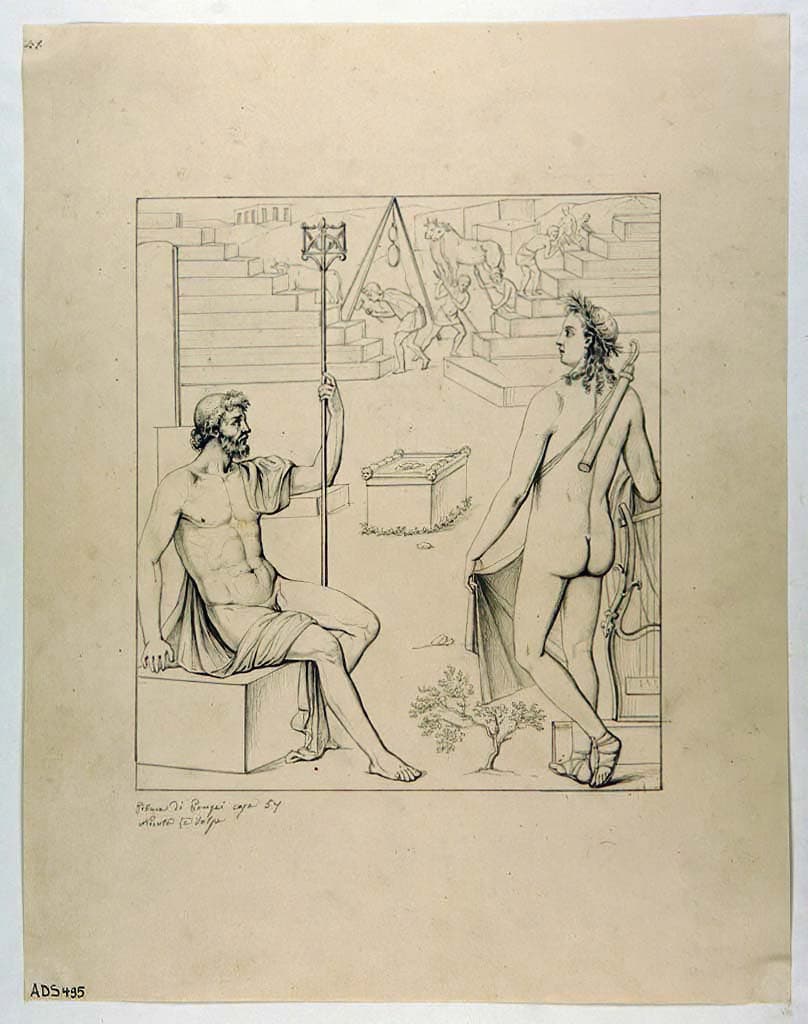 Nicola La Volpe's nineteenth-century drawing of a wall painting from the House of Siricus at Pompeii, showing Poseidon and Apollo at the walls of Troy.