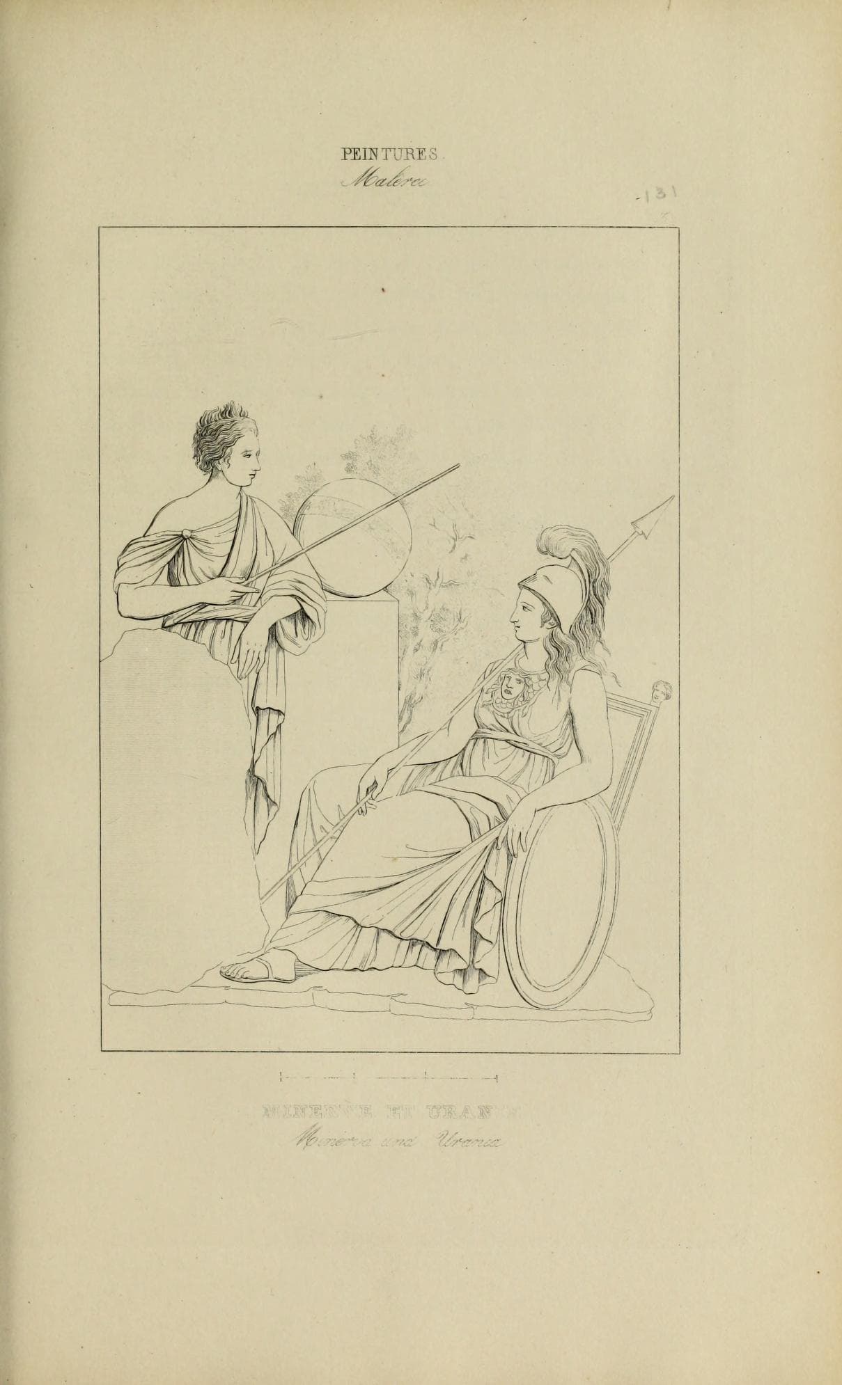 An 1870 engraved plate reproducing a Pompeian fresco of Minerva, the Roman Athena, standing with the Muse Urania.