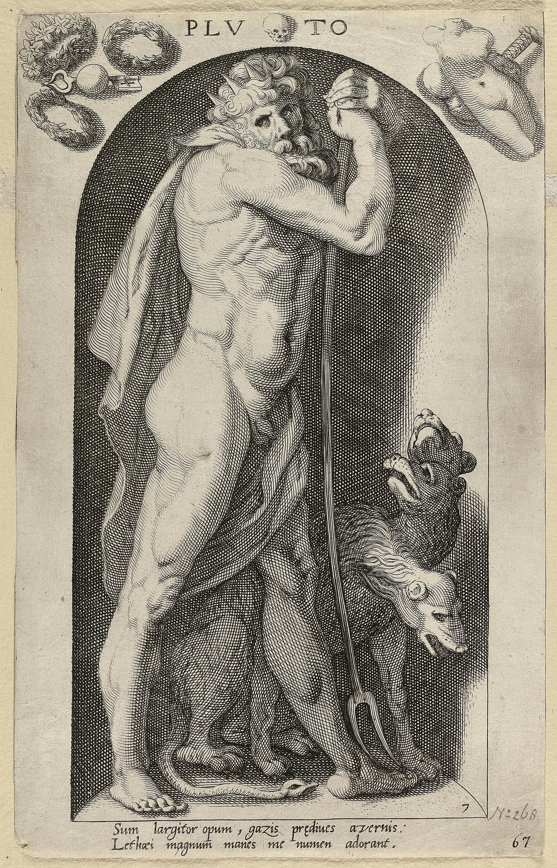 A 1598 Dutch engraving of Pluto, the Roman Hades, from a printed series of the gods.