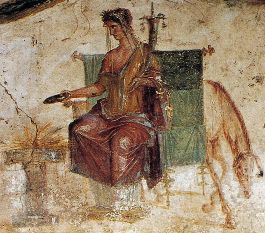 A Roman wall painting from Pompeii of Vesta-Hestia, the hearth goddess in her syncretised Roman and Greek form.