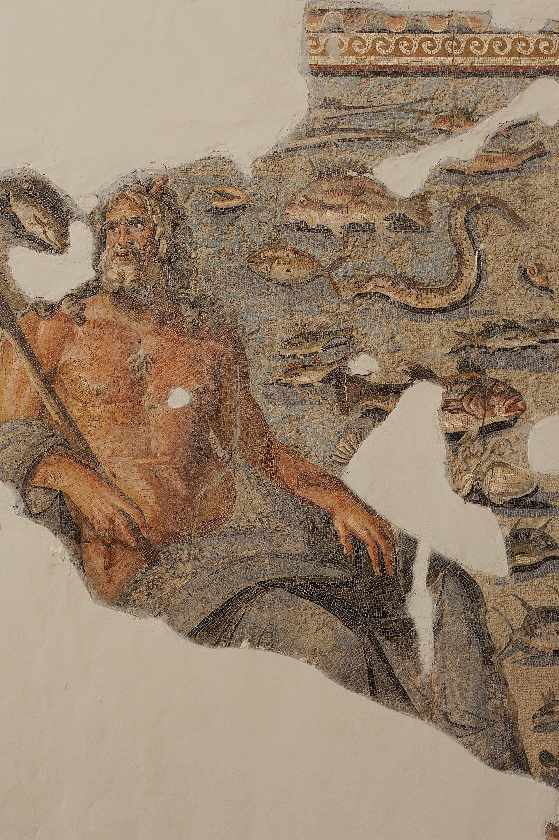 The head of Oceanus from a Roman floor mosaic of Thetis and Oceanus in the Antakya Archaeological Museum.