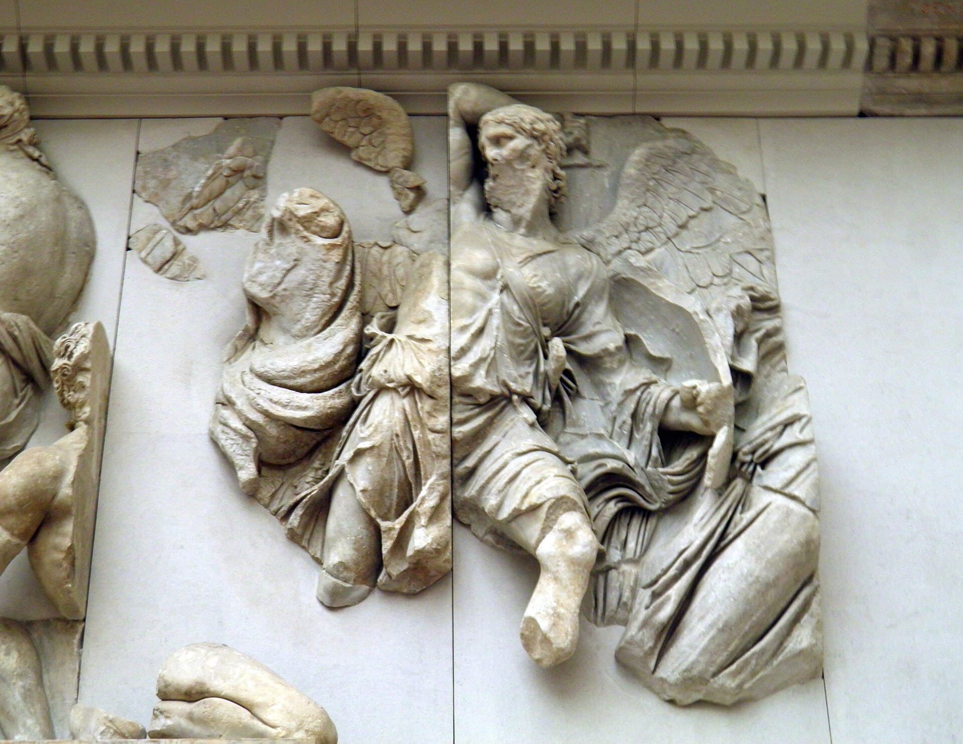 A section of the Gigantomachy frieze from the Pergamon Altar, carrying the figures identified as Ouranos and Themis.