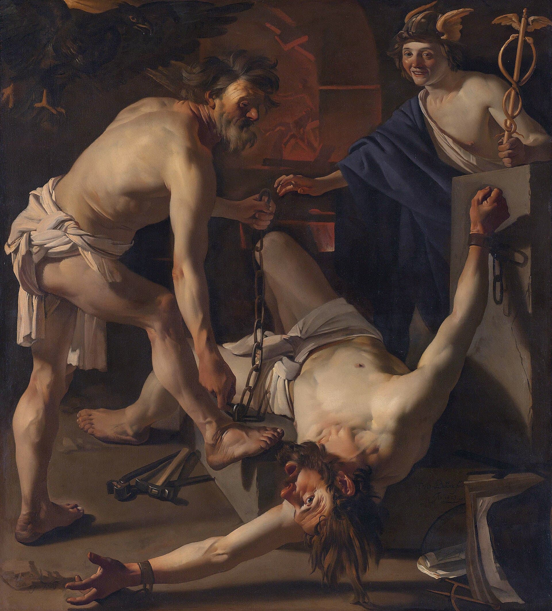Dirck van Baburen's 1623 painting of Prometheus being chained by Vulcan.