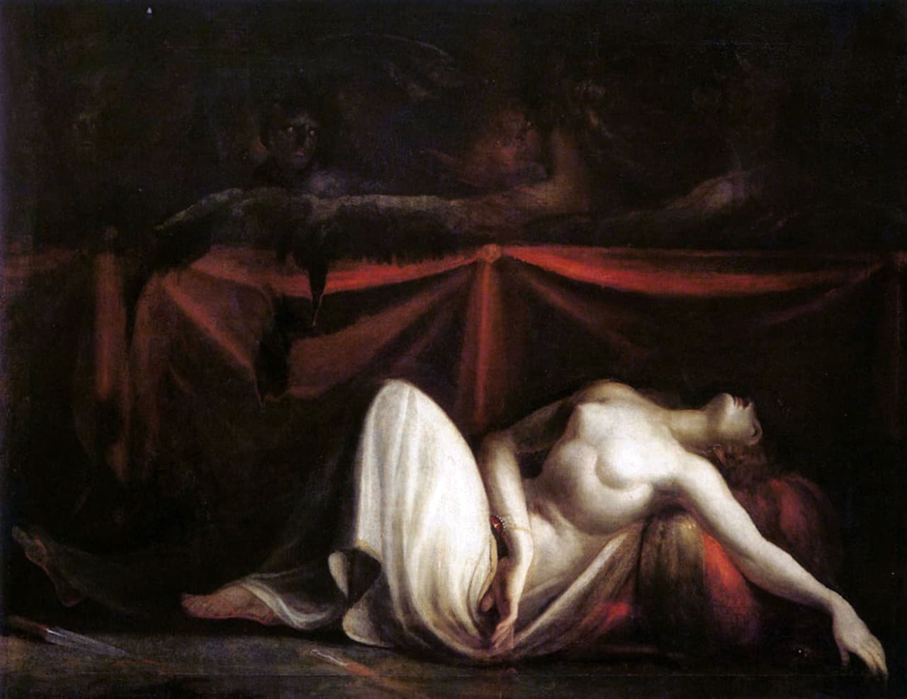 Johann Heinrich Füssli's 1821 drawing of the Erinyes driving Alkmaion from the body of his mother Eriphyle.