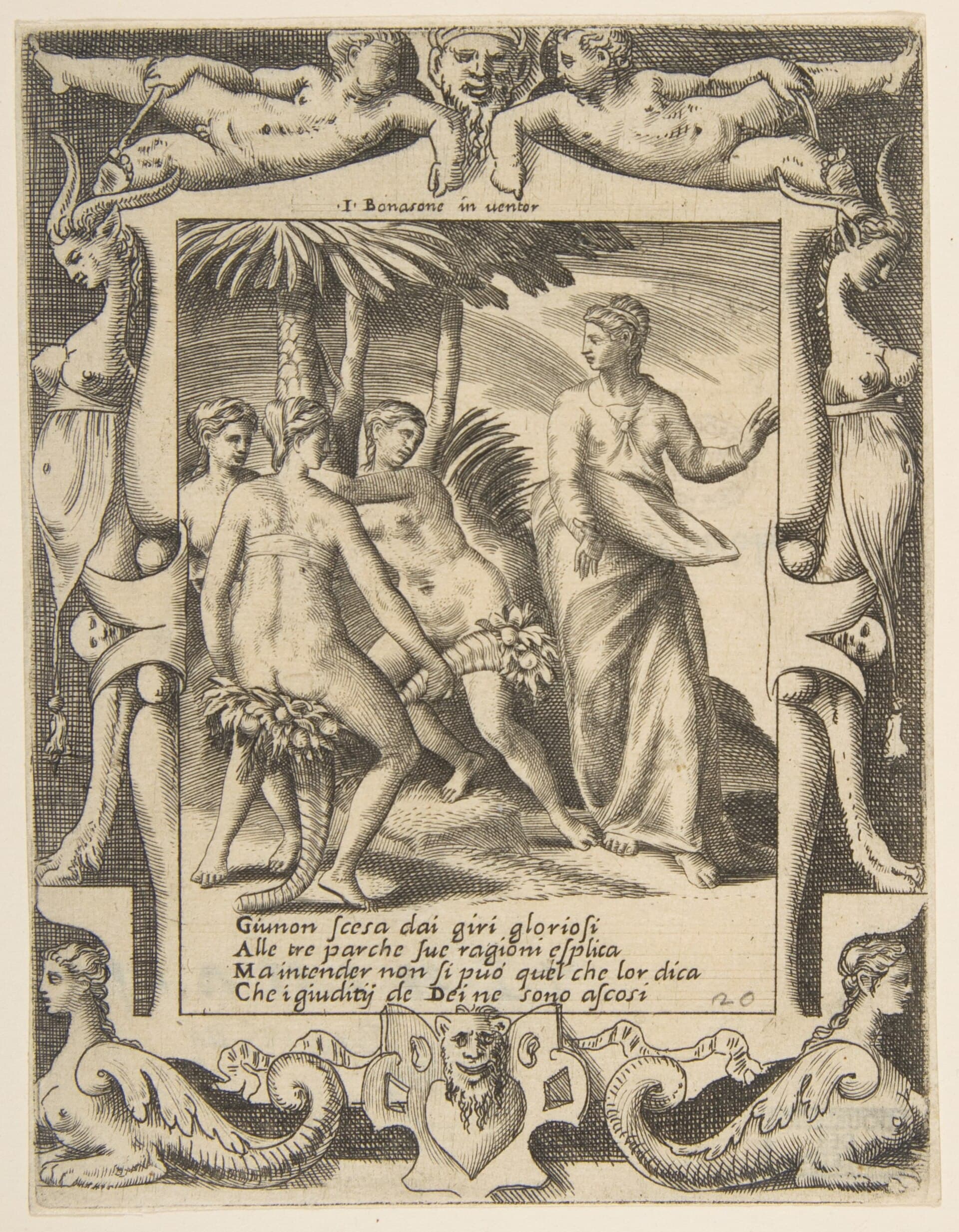 A sixteenth-century print of Juno turning to speak to the three Fates, from a series on the loves and rages of Juno.